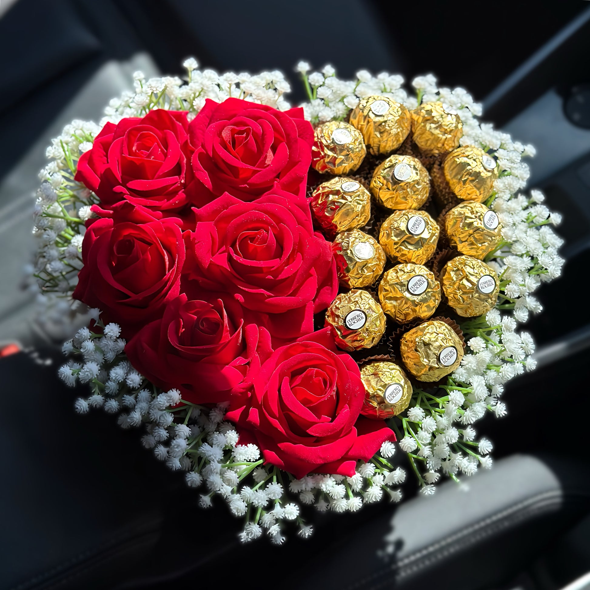 Stunning Heart-Shaped Ferrero Rocher Hatbox - Inc. 6 Red Forever Roses & 15 Ferrero Rocher Chocolates - Personalisation Available