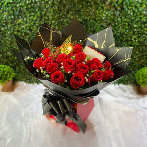 Luxury 24 Rose Artificial Bouquets - Inc. Gold Butterflies, Personalised Postcard & Ribbon Message - Purple, Red, Pink, Blue, White