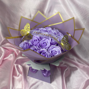 Beautiful Lilac Rose Box Bouquet - Inc, 2x Gold Butterflies, Personalised Ribbon Message & Bow Tie