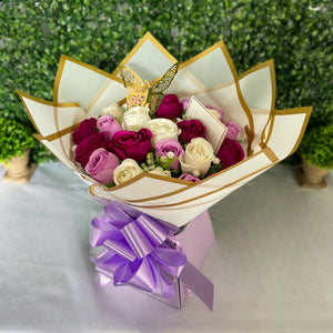 Luxury 24 Rose Artificial Bouquets - Inc. Gold Butterflies, Personalised Postcard & Ribbon Message - Purple, Red, Pink, Blue, White