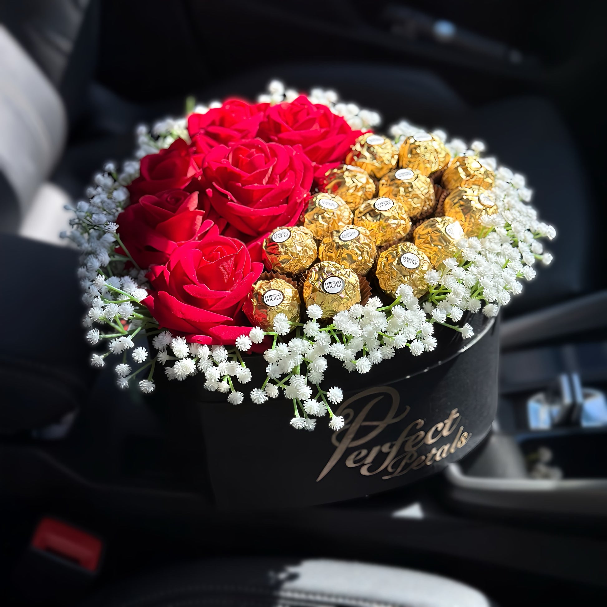 Stunning Heart-Shaped Ferrero Rocher Hatbox - Inc. 6 Red Forever Roses & 15 Ferrero Rocher Chocolates - Personalisation Available