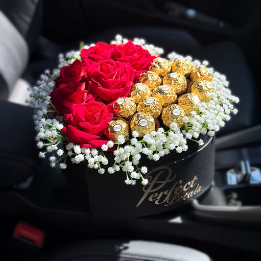 Stunning Heart-Shaped Ferrero Rocher Hatbox - Inc. 6 Red Forever Roses & 15 Ferrero Rocher Chocolates - Personalisation Available