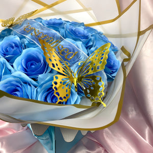 Beautiful Blue Rose Box Bouquet - Inc, 2x Gold Butterflies, Personalised Ribbon Message & Bow Tie
