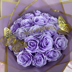 Beautiful Lilac Rose Box Bouquet - Inc, 2x Gold Butterflies, Personalised Ribbon Message & Bow Tie