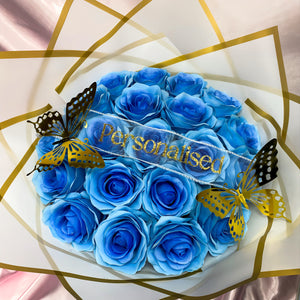 Beautiful Blue Rose Box Bouquet - Inc, 2x Gold Butterflies, Personalised Ribbon Message & Bow Tie