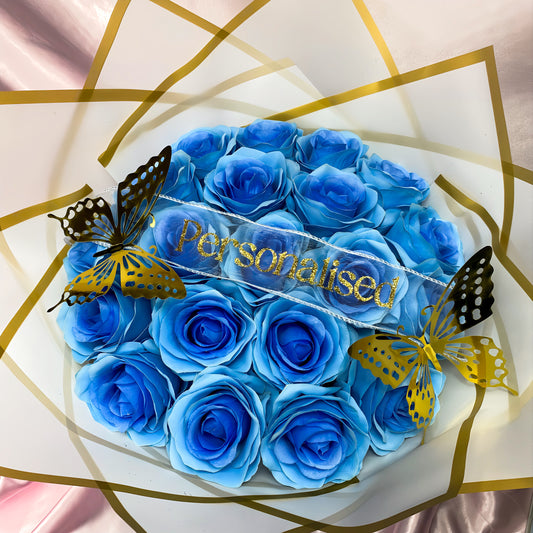 Beautiful Blue Rose Box Bouquet - Inc, 2x Gold Butterflies, Personalised Ribbon Message & Bow Tie