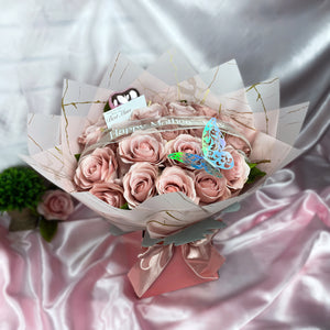 Beautiful Blush Pink Rose Bouquet - Inc. Silver Butterfly, Ribbon Message, Silver Heart & Postcard