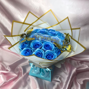 Beautiful Blue Rose Box Bouquet - Inc, 2x Gold Butterflies, Personalised Ribbon Message & Bow Tie