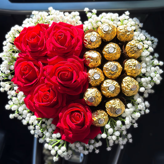 Stunning Heart-Shaped Ferrero Rocher Hatbox - Inc. 6 Red Forever Roses & 15 Ferrero Rocher Chocolates - Personalisation Available