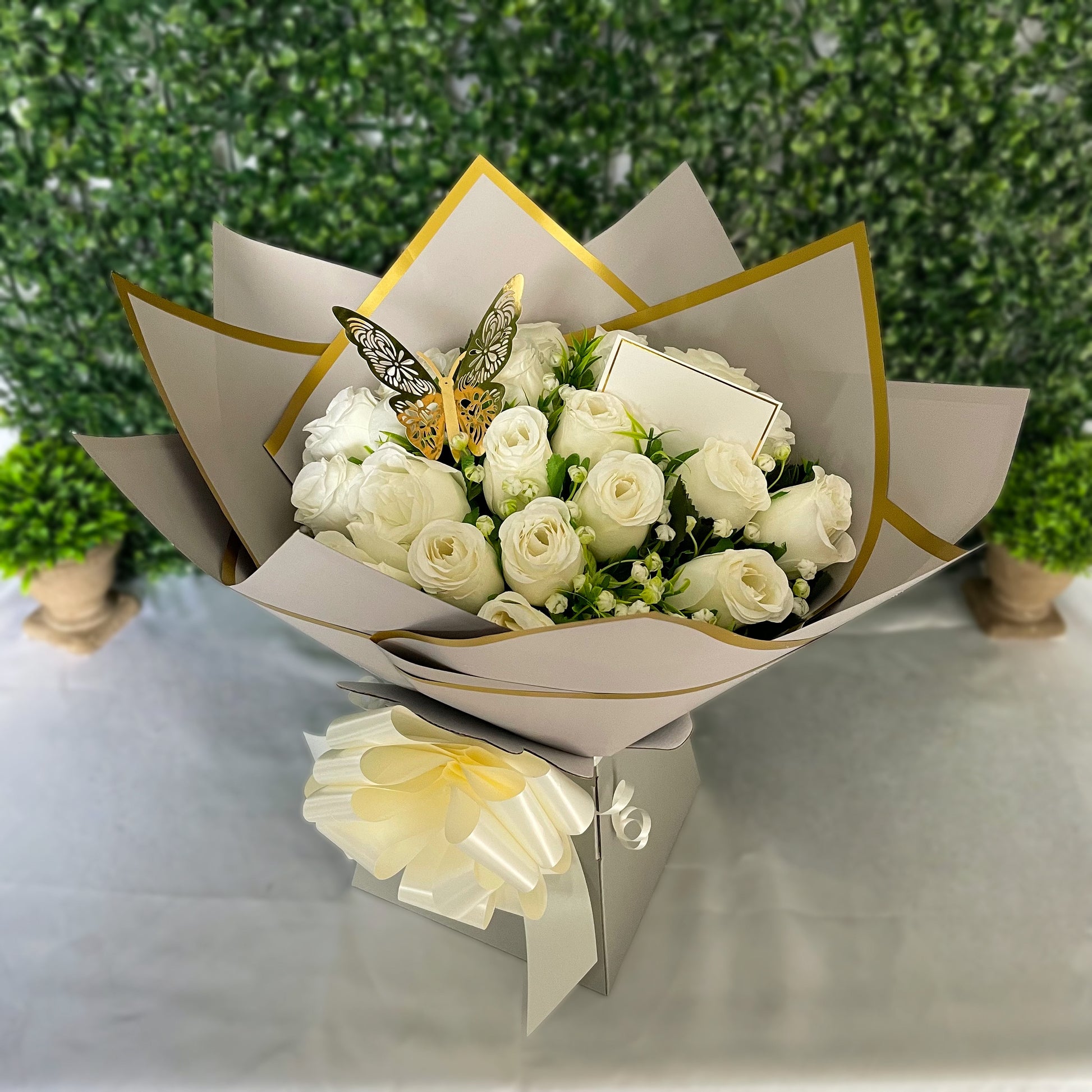 Luxury 24 Rose Artificial Bouquets - Inc. Gold Butterflies, Personalised Postcard & Ribbon Message - Purple, Red, Pink, Blue, White
