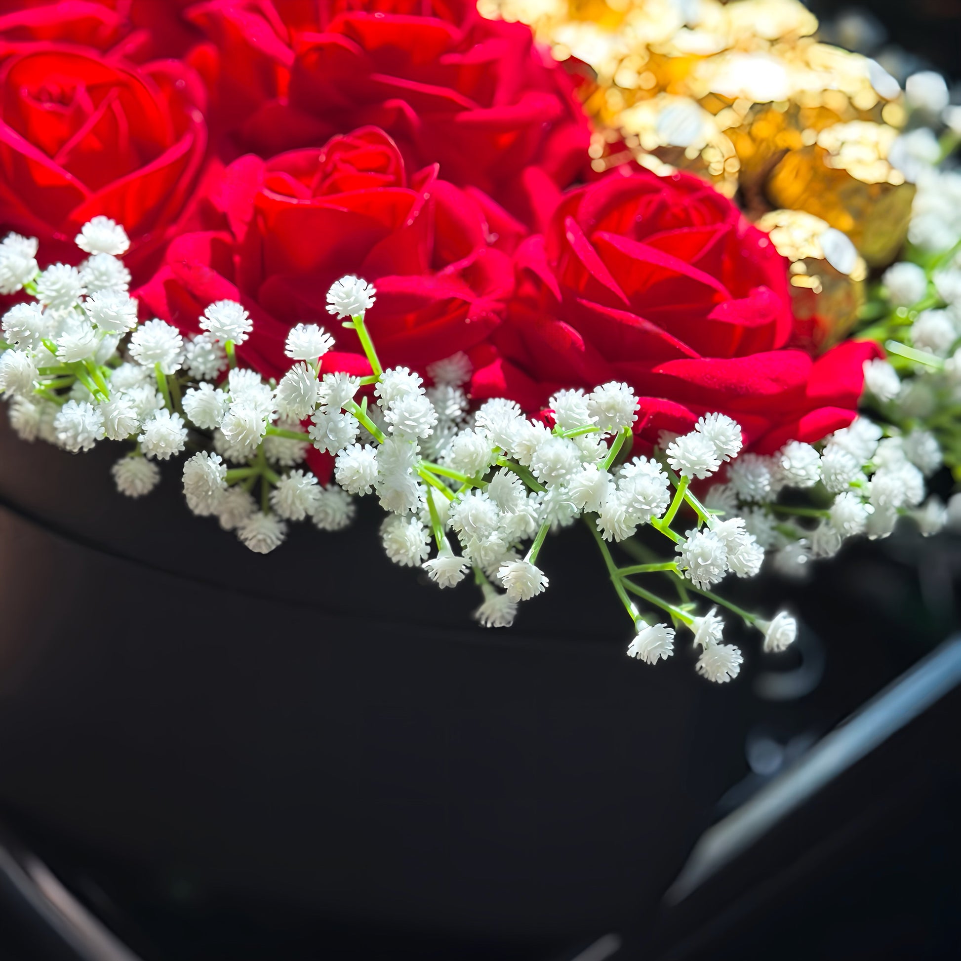 Stunning Heart-Shaped Ferrero Rocher Hatbox - Inc. 6 Red Forever Roses & 15 Ferrero Rocher Chocolates - Personalisation Available