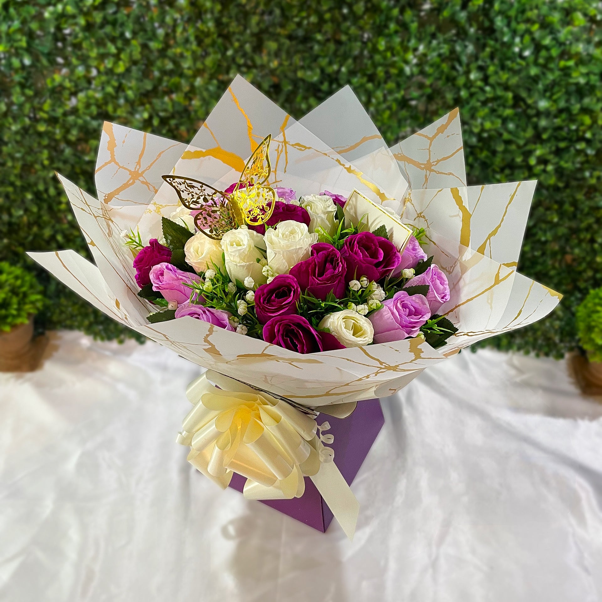 Luxury 24 Rose Artificial Bouquets - Inc. Gold Butterflies, Personalised Postcard & Ribbon Message - Purple, Red, Pink, Blue, White