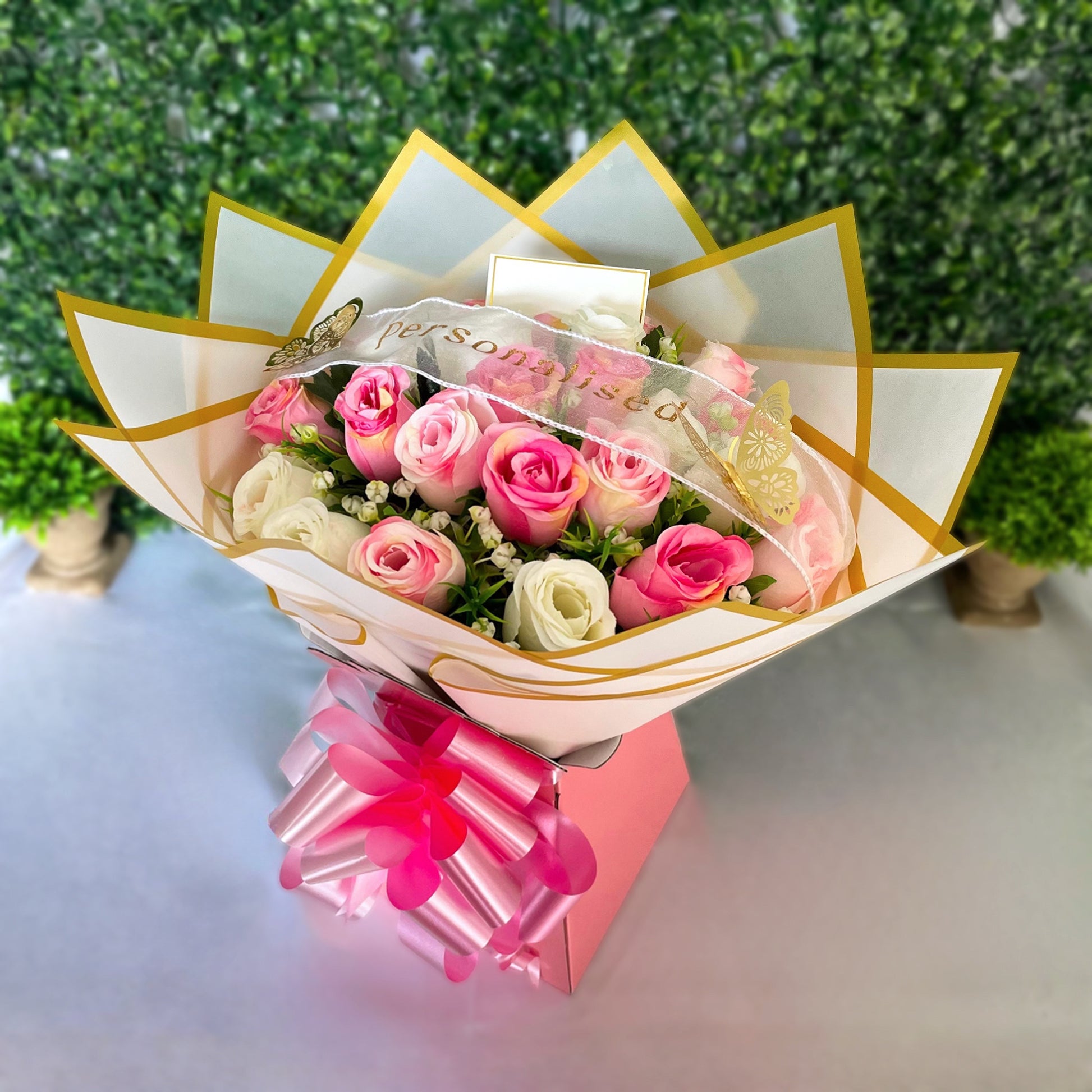 Luxury 24 Rose Artificial Bouquets - Inc. Gold Butterflies, Personalised Postcard & Ribbon Message - Purple, Red, Pink, Blue, White