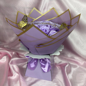 Beautiful Lilac Rose Box Bouquet - Inc, 2x Gold Butterflies, Personalised Ribbon Message & Bow Tie