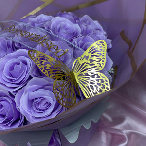 Beautiful Lilac Rose Box Bouquet - Inc, 2x Gold Butterflies, Personalised Ribbon Message & Bow Tie