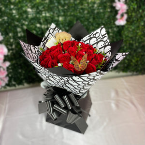 Premium 24 Rose Artificial Bouquets - Inc. Gold Butterflies, Personalised Postcard & Ribbon Message - Purple, Red, Pink, White