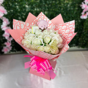 Premium 24 Rose Artificial Bouquets - Inc. Gold Butterflies, Personalised Postcard & Ribbon Message - Purple, Red, Pink, White