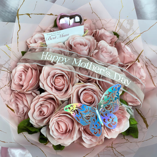 Beautiful Blush Pink Rose Bouquet - Inc. Silver Butterfly, Ribbon Message, Silver Heart & Postcard