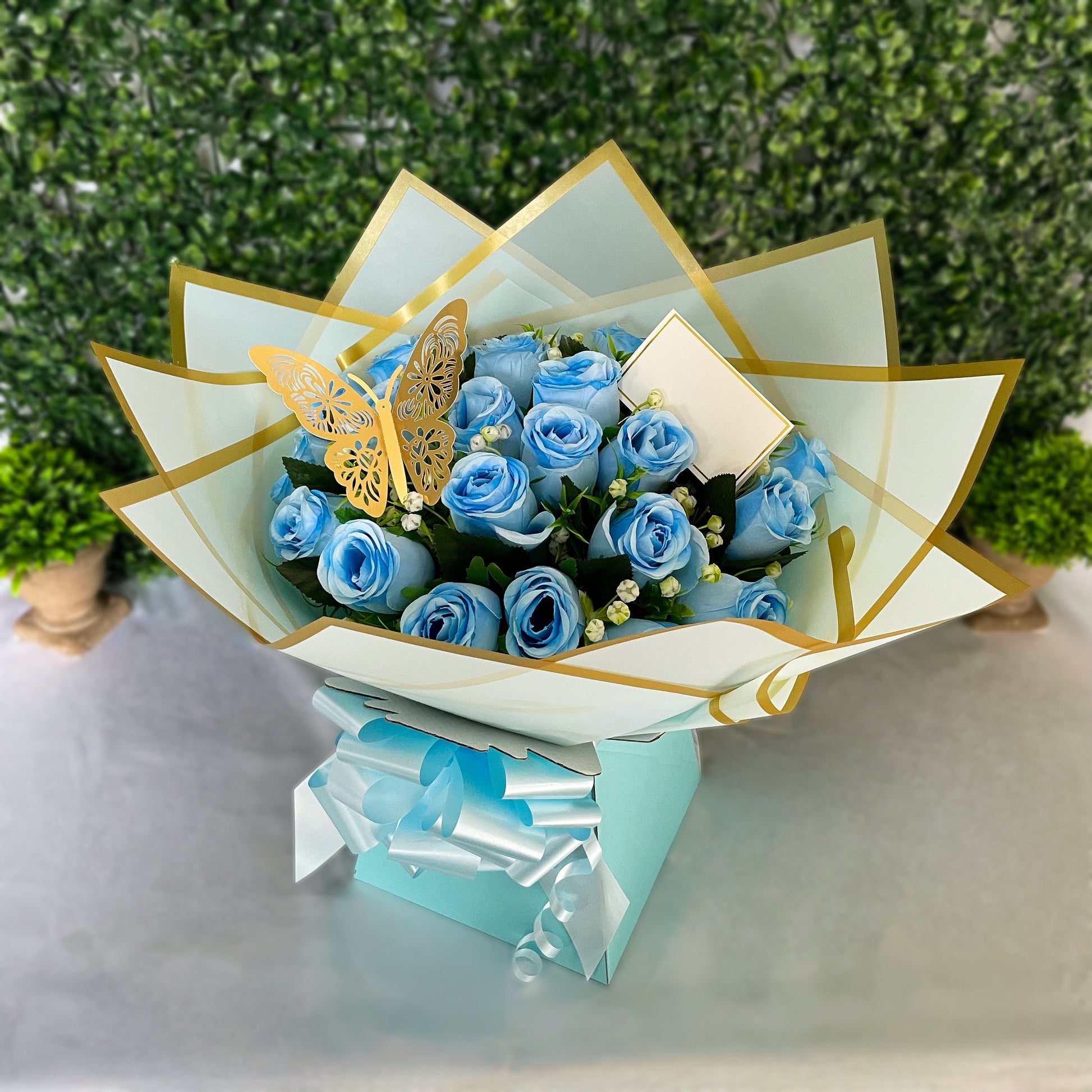 Luxury 24 Rose Artificial Bouquets - Inc. Gold Butterflies, Personalised Postcard & Ribbon Message - Purple, Red, Pink, Blue, White