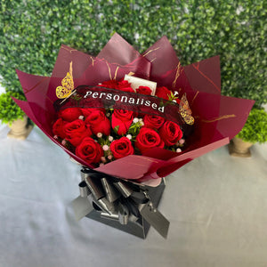 Luxury 24 Rose Artificial Bouquets - Inc. Gold Butterflies, Personalised Postcard & Ribbon Message - Purple, Red, Pink, Blue, White