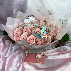 Beautiful Blush Pink Rose Bouquet - Inc. Silver Butterfly, Ribbon Message, Silver Heart & Postcard