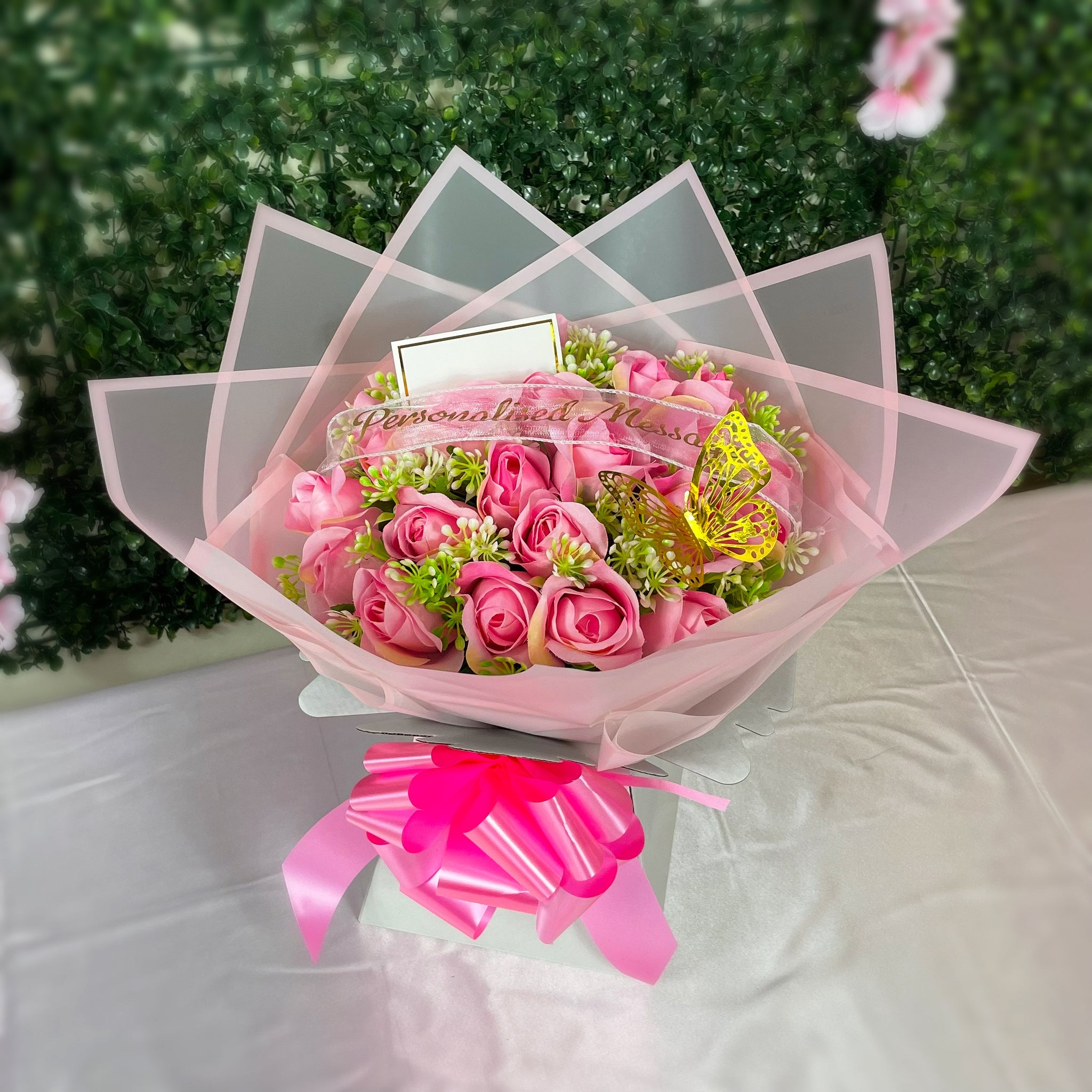 Luxury 24 Rose Artificial Bouquets - Inc. Gold Butterflies, Personalised Postcard & Ribbon Message - Purple, Red, Pink, Blue, White