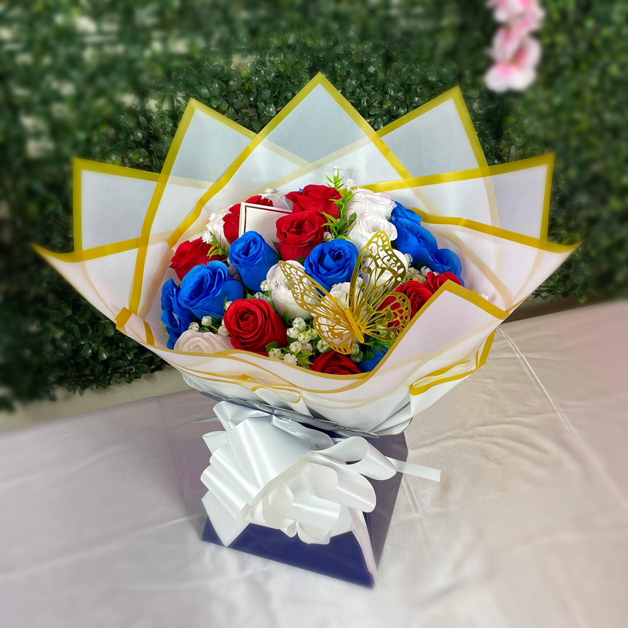 Luxury 24 Rose Artificial Bouquets - Inc. Gold Butterflies, Personalised Postcard & Ribbon Message - Purple, Red, Pink, Blue, White