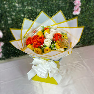 Luxury 24 Rose Artificial Bouquets - Inc. Gold Butterflies, Personalised Postcard & Ribbon Message - Purple, Red, Pink, Blue, White