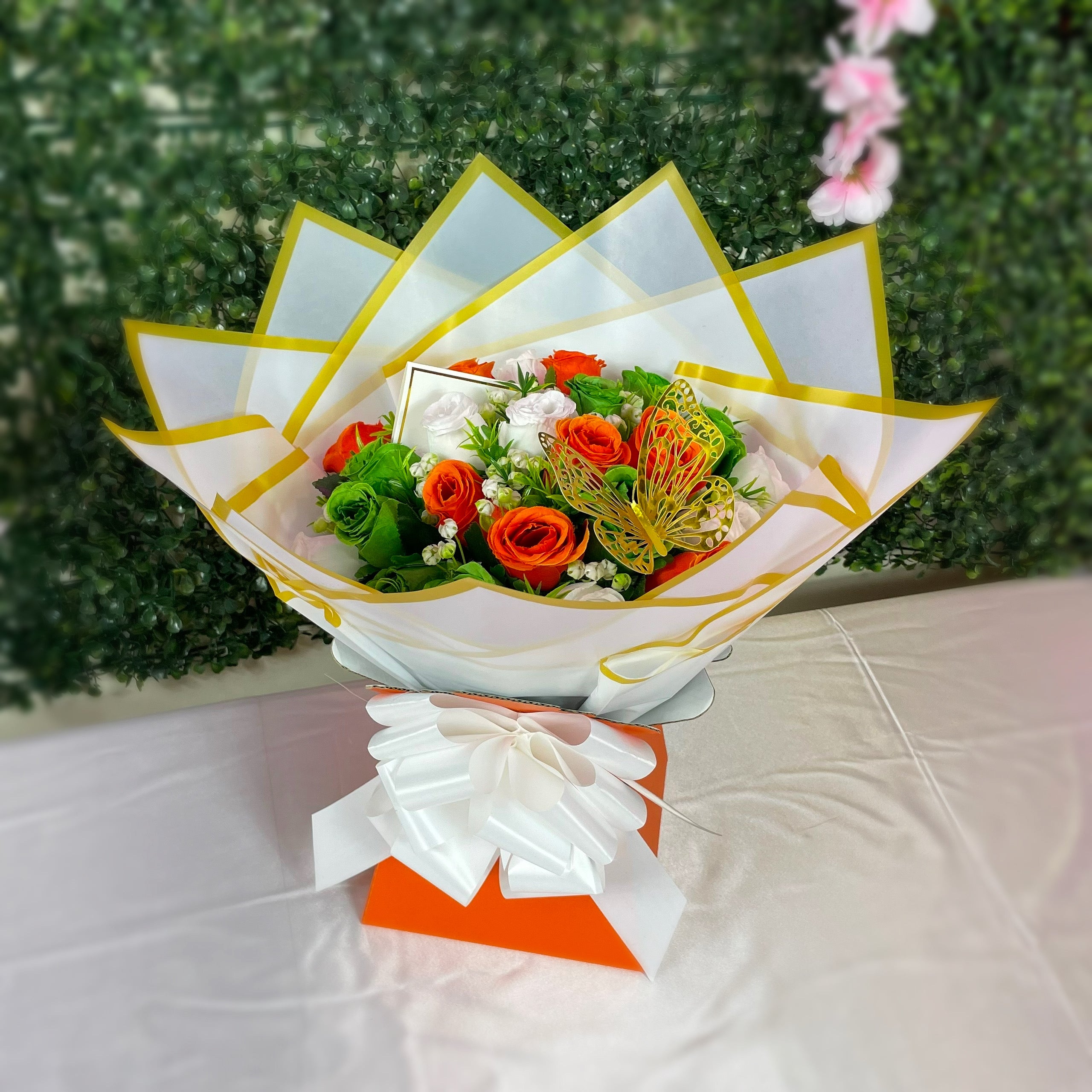 Luxury 24 Rose Artificial Bouquets - Inc. Gold Butterflies, Personalised Postcard & Ribbon Message - Purple, Red, Pink, Blue, White
