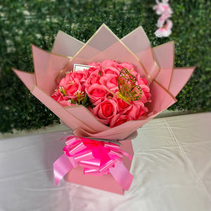 Luxury 24 Rose Artificial Bouquets - Inc. Gold Butterflies, Personalised Postcard & Ribbon Message - Purple, Red, Pink, Blue, White