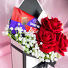 Stunning Envelope Style Chocolate & Flower Arrangement - Inc. Cadbury Biscoff Chocolate Bar, 3x Red Forever Roses & Personalised Postcard