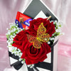 Stunning Envelope Style Chocolate & Flower Arrangement - Inc. Cadbury Biscoff Chocolate Bar, 3x Red Forever Roses & Personalised Postcard
