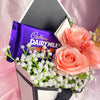 Stunning Envelope Style Chocolate & Flower Arrangement - Inc. Cadbury Hazelnut Chocolate Bar, 3x Pink Forever Roses & Personalised Postcard