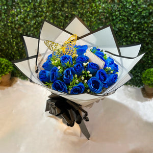 Luxury 24 Rose Artificial Bouquets - Inc. Gold Butterflies, Personalised Postcard & Ribbon Message - Purple, Red, Pink, Blue, White