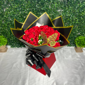Luxury 24 Rose Artificial Bouquets - Inc. Gold Butterflies, Personalised Postcard & Ribbon Message - Purple, Red, Pink, Blue, White