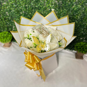 Luxury 24 Rose Artificial Bouquets - Inc. Gold Butterflies, Personalised Postcard & Ribbon Message - Purple, Red, Pink, Blue, White