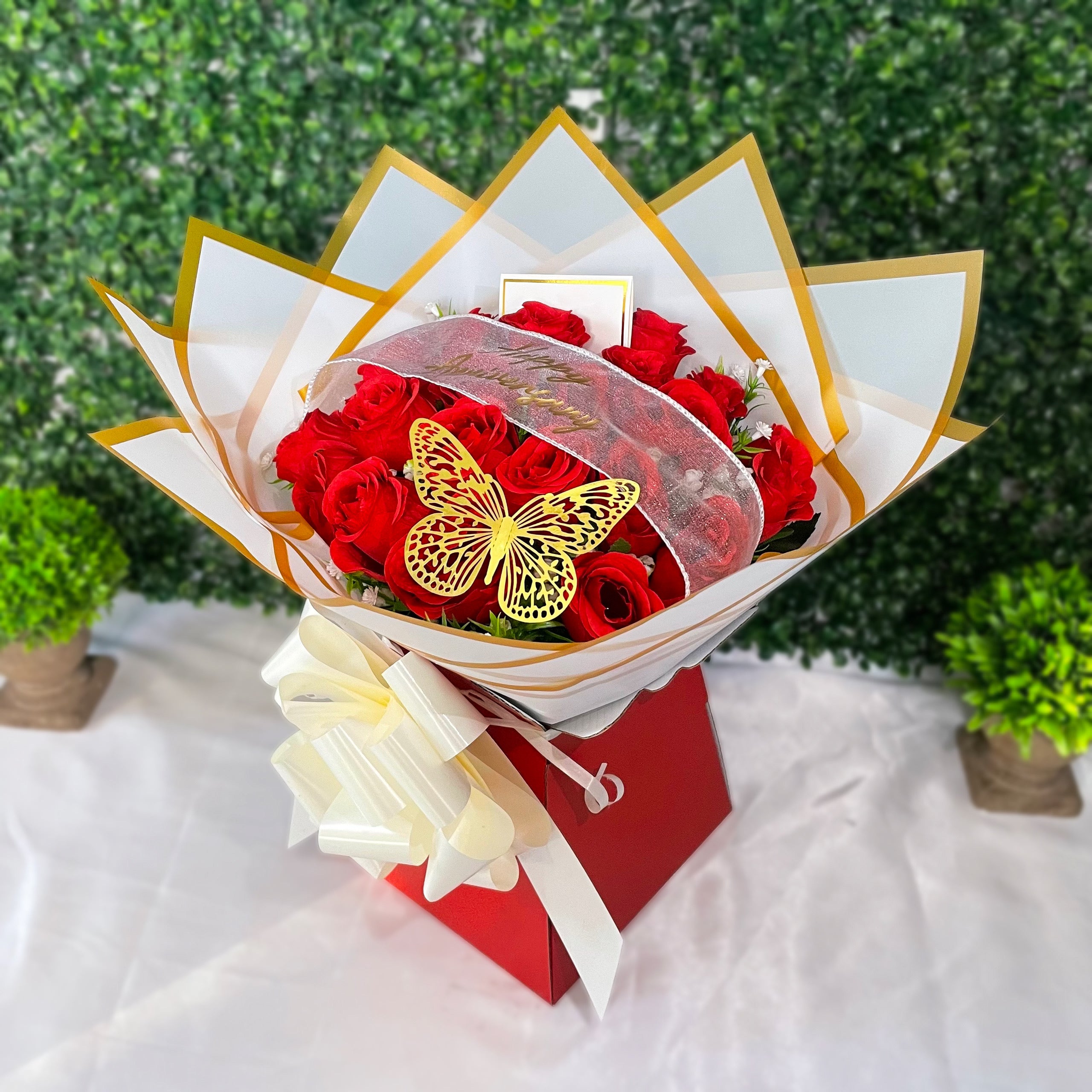 Luxury 24 Rose Artificial Bouquets - Inc. Gold Butterflies, Personalised Postcard & Ribbon Message - Purple, Red, Pink, Blue, White