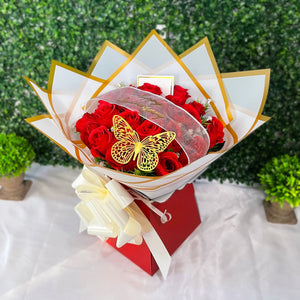 Luxury 24 Rose Artificial Bouquets - Inc. Gold Butterflies, Personalised Postcard & Ribbon Message - Purple, Red, Pink, Blue, White